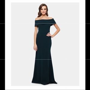 Green Ruffled-Back Off-The-Shoulder Gown